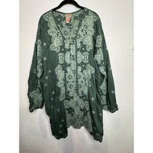Johnny Was 2X Forest Green Embroidered Cupra Rayon Tunic Dress Boho Style